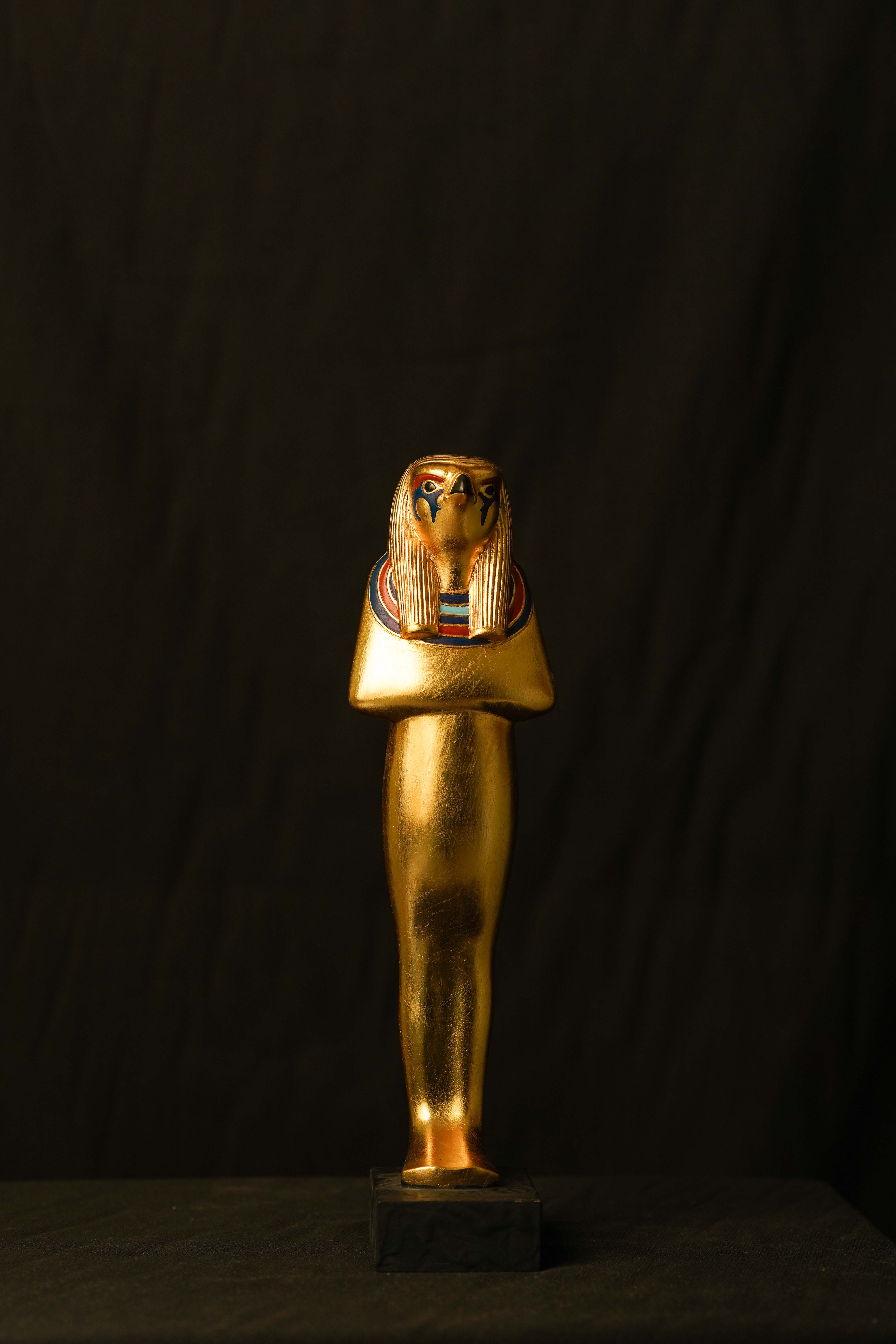 Golden Horus statue discovered in King Tutankhamun's Tomb, Egyptian God Horus God of the Sky, Museum replica Horus falcon statue.